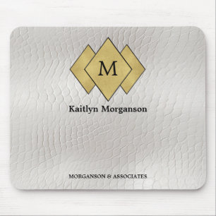 Classy Elegant White Leather Monogrammed  Mouse Mat
