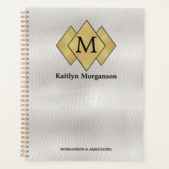 Classy Elegant White Leather Monogrammed Planner (Front)