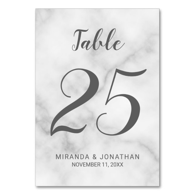 Classy Elegant White Marble Wedding Table Number (Front)