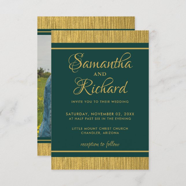 Classy Emerald Green And Gold Photo Wedding Invitation (Front/Back)