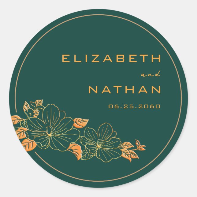 Classy Emerald Green Gold Floral Foliage Wedding  Classic Round Sticker (Front)