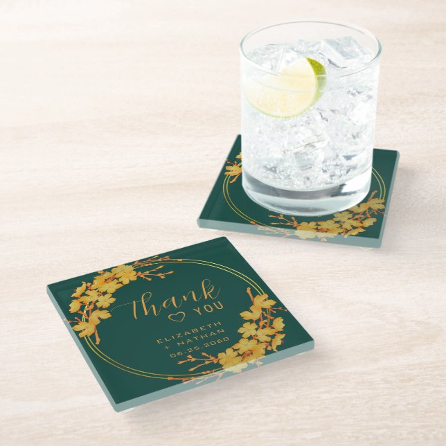 Classy Emerald Green Gold Floral Wedding Thank You Glass Coaster (Angled)