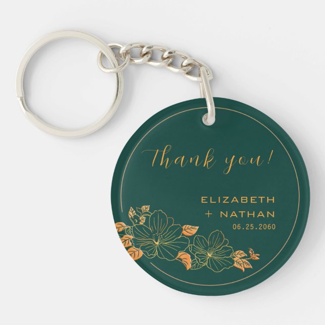 Classy Emerald Green Gold Floral Wedding Thank You Key Ring (Front)