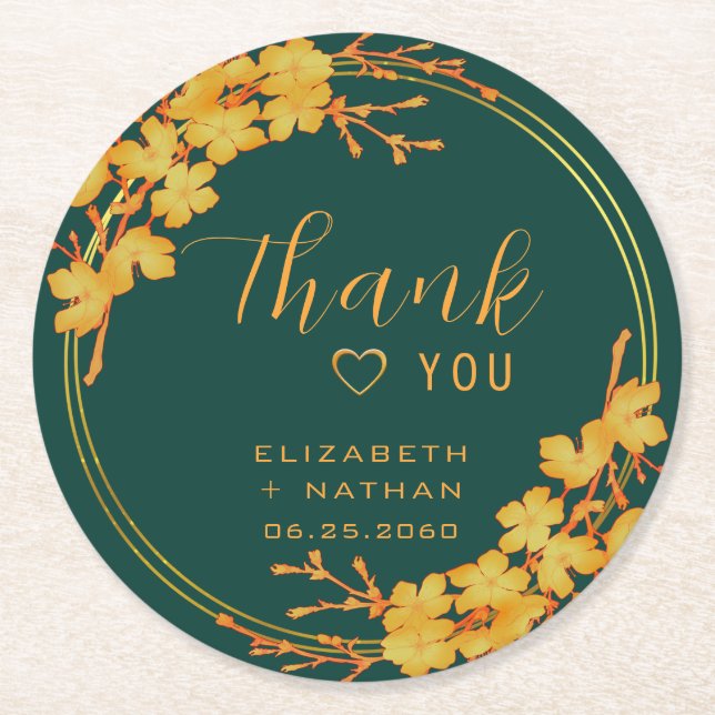 Classy Emerald Green Gold Floral Wedding Thank You Round Paper Coaster (Front)