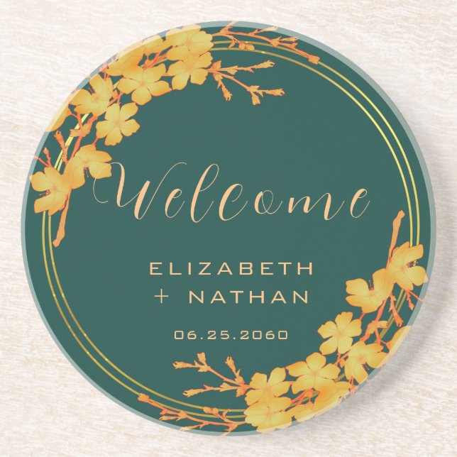 Classy Emerald Green Gold Floral Wedding Welcome Coaster (Front)