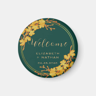 Classy Emerald Green Gold Floral Wedding Welcome Magnet