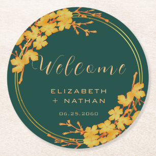 Classy Emerald Green Gold Floral Wedding Welcome Round Paper Coaster
