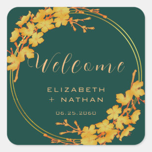 Classy Emerald Green Gold Floral Wedding Welcome Square Sticker