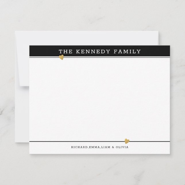 Classy Family Name Gold Heart Black And White Card (Front)