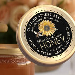 Classy Farmhouse Honey Sunflower Vintage Bee Gold Classic Round Sticker<br><div class="desc">Central design features a vintage sunflower illustration and watercolor honeybee. Personalise with your apiary name,  address and honey description (raw,  hand bottled,  single source etc.). Also include your honey net weight. Common honey net weight conversions: 8oz (227g),  12oz (340g),  16oz (454g),  32oz (907g),  5lb (2.27kg).</div>