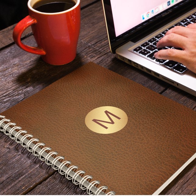 Classy Faux Brown Leather & Gold Initial Name  Notebook (Creator Uploaded)
