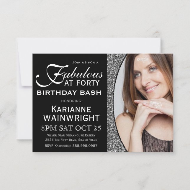 Classy Faux Glitter Photo 40th Birthday Party Invitation (Front)