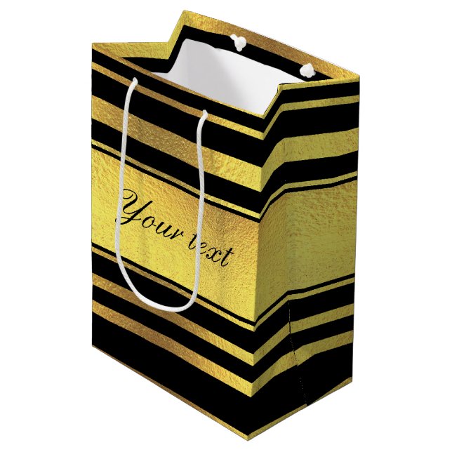 Classy Faux Gold Foil and Black Stripes Medium Gift Bag (Front Angled)