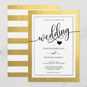 Classy Faux Gold Foil  Black & White Heart Wedding Invitation