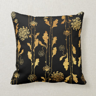 Classy Faux Gold Foil Flowers on Black Cushion