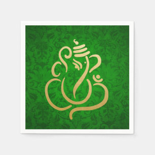 Classy Faux Gold Foil Ganesha Indian Green Damask Napkin