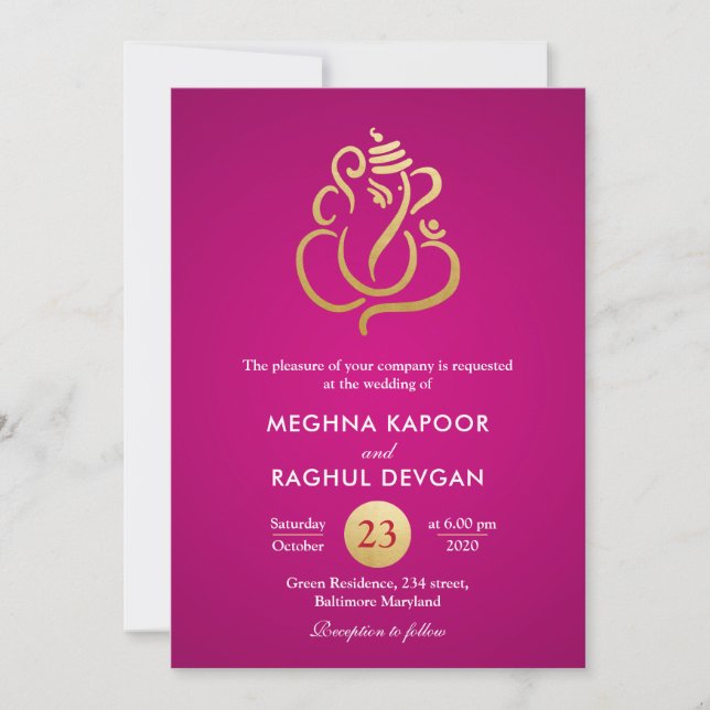 Classy Faux Gold Foil Ganesha/Indian Pink Wedding  Invitation (Front)
