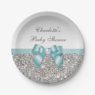 Classy Faux Teal Bow Silver Sequins Baby Shower Paper Plate