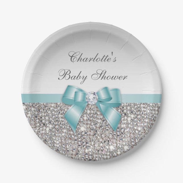 Classy Faux Teal Bow Silver Sequins Baby Shower Paper Plate (Front)