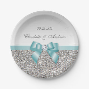Classy Faux Teal Bow Silver Sequins Wedding Paper Plate