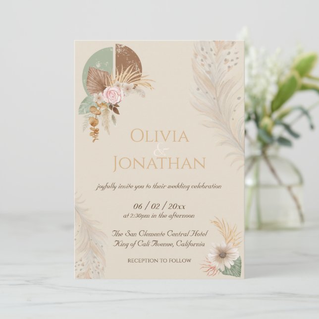 Classy Feather Boho Beige Wedding Invitation (Standing Front)