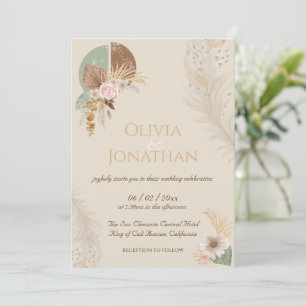 Classy Feather Boho Beige Wedding Invitation
