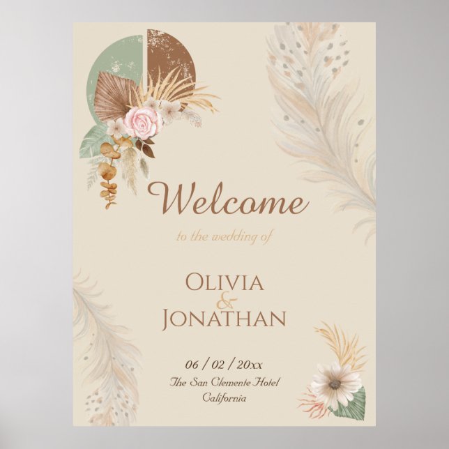 Classy Feather Boho Beige Wedding Welcome Sign (Front)