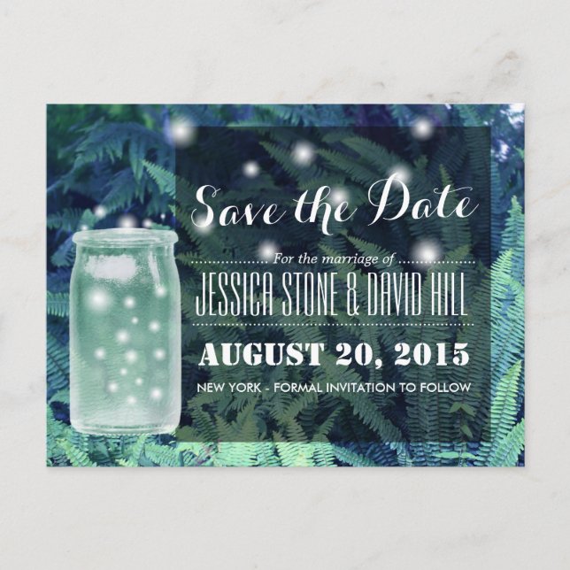Classy Fireflies Glowing Mason Jar Save the Date Announcement Postcard (Front)