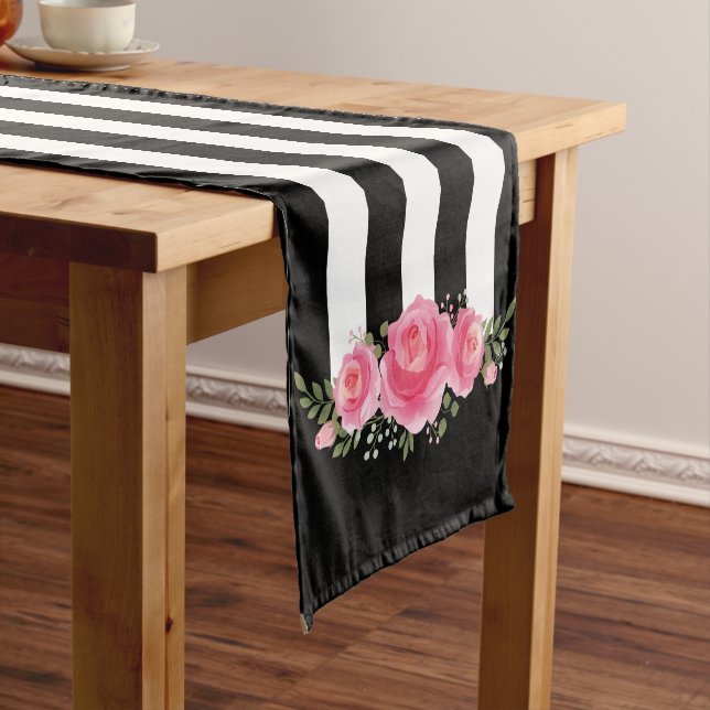 Classy Floral black and white stripes table runner (In Situ)