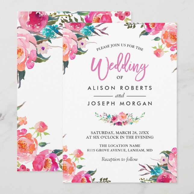 Classy Floral Blossom Watercolor Flowers Wedding Invitation (Front/Back)