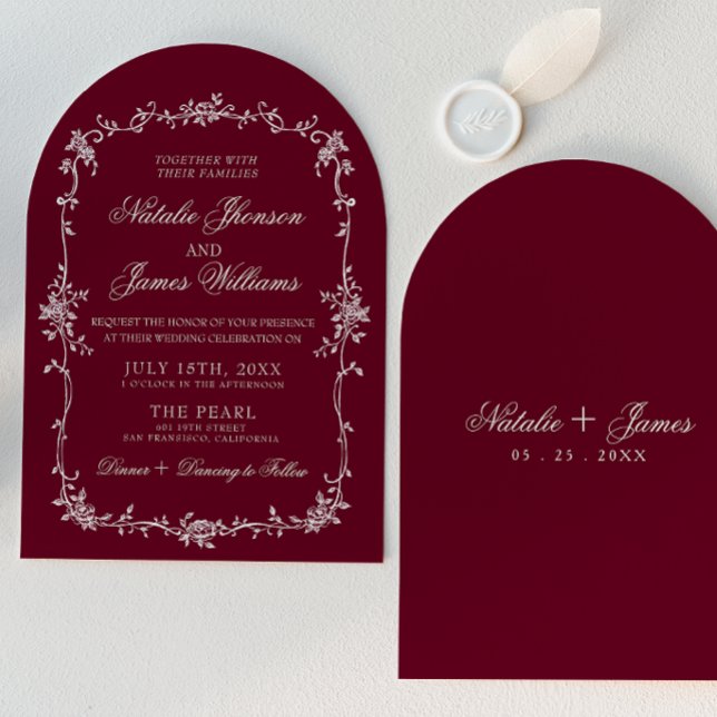 Classy Floral Burgundy Arched Botanical Wedding Invitation (Creator Uploaded)