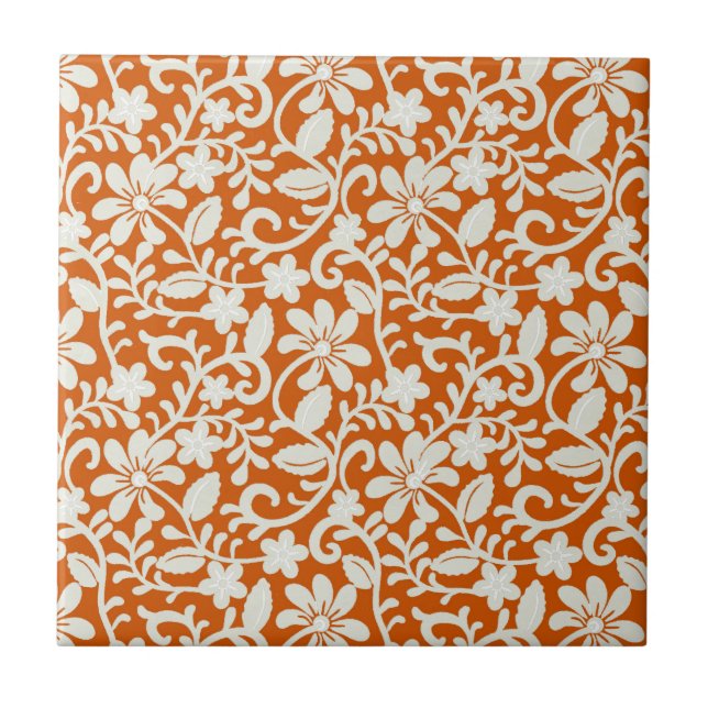 Classy Floral Damask Burnt Orange Pattern Tile (Front)