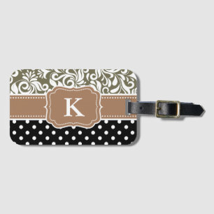 Classy Floral Damask Polka Dots Tan Monogram Name Luggage Tag
