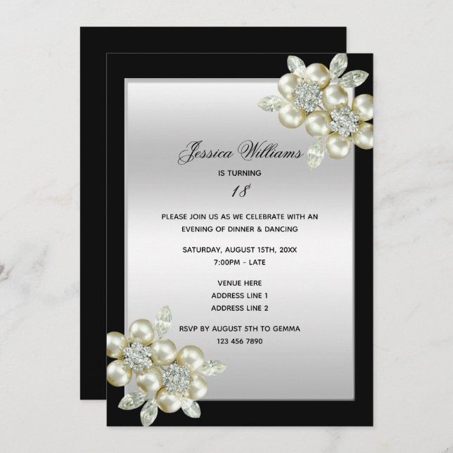 Classy Floral Diamonds Gems Birthday Invitation (Front/Back)