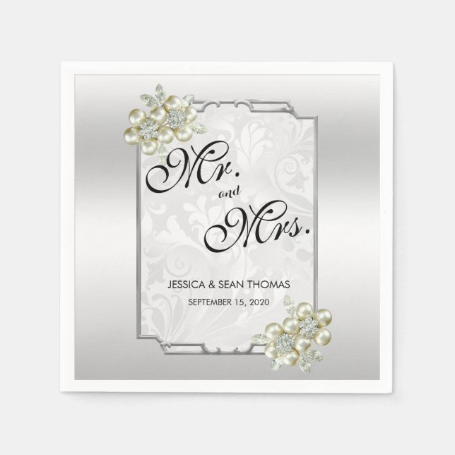 Classy Floral Gem, Silver Framed Wedding Napkin (Front)