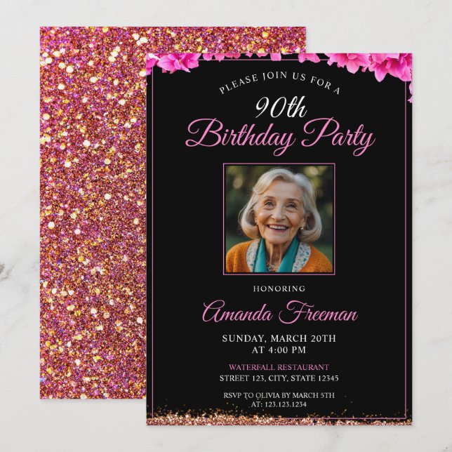 Classy Floral Glitter 90th Birthday Invitation (Front/Back)