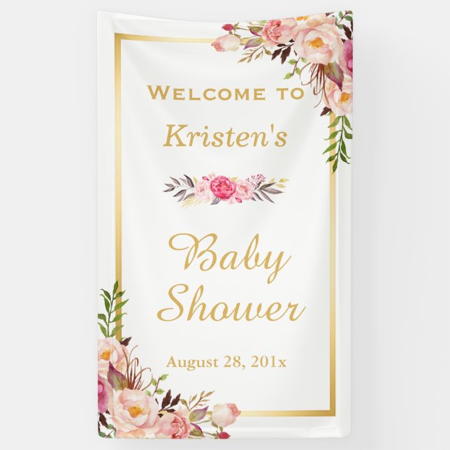 Classy Floral Gold Frame Baby Shower Vertical Banner (Vertical)
