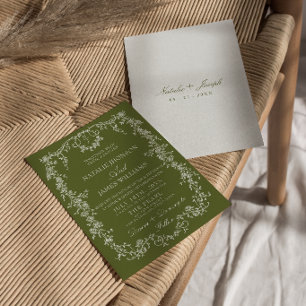 Classy Floral Olive Green Garden Monogram Wedding Invitation