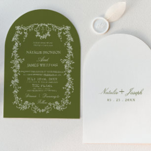 Classy Floral Olive Green Monogram Arched Wedding Invitation