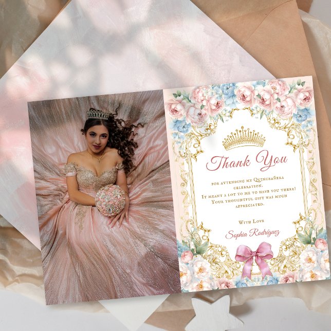 Classy Floral Pink Quinceanera Photo ThankYou Card (Classy Floral Pink Quinceanera Photo ThankYou Card)