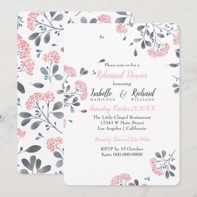 Classy floral pink watercolor Rehearsal Dinner Invitation (Front/Back)