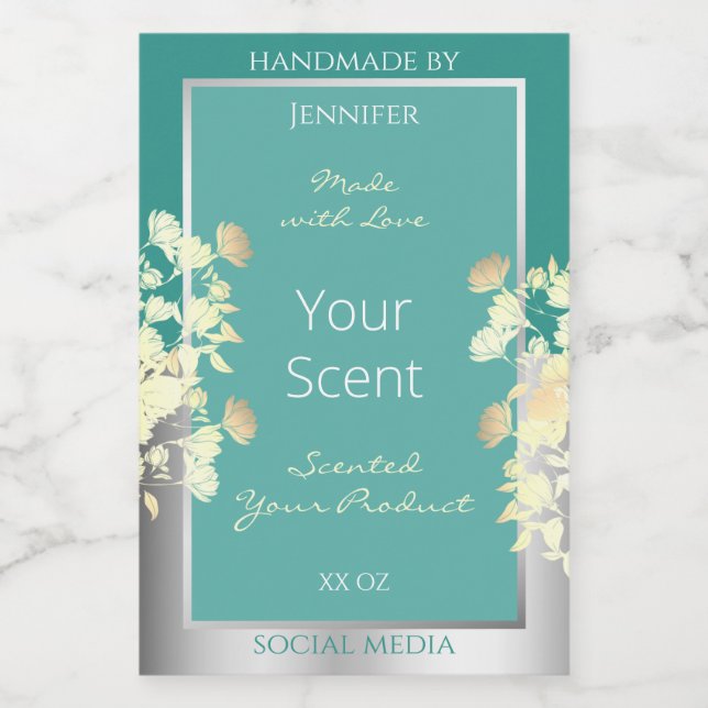 Classy Floral Product Packaging Labels Teal Silver (Single Label)