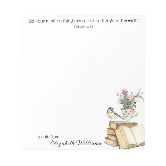 Classy Floral Watercolor Bible Verse Books Teacup Notepad (Front)