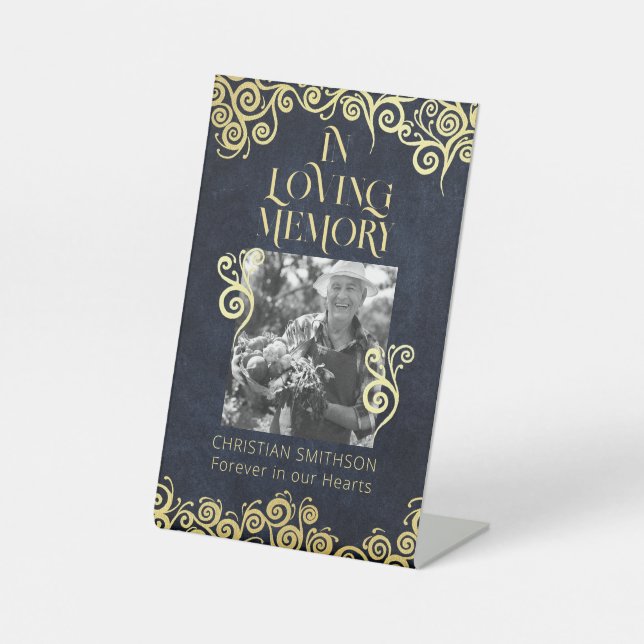  Classy Flourish Navy Blue And Gold Winter Wedding Pedestal Sign (Front)