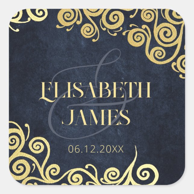  Classy Flourish Navy Blue And Gold Winter Wedding Square Sticker (Front)