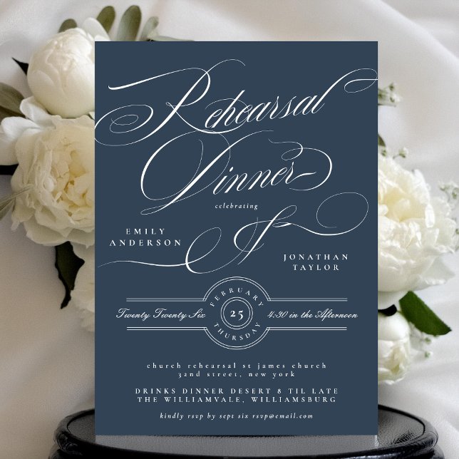 Classy Formal Navy Blue Wedding Rehearsal Dinner Invitation (Creator Uploaded)
