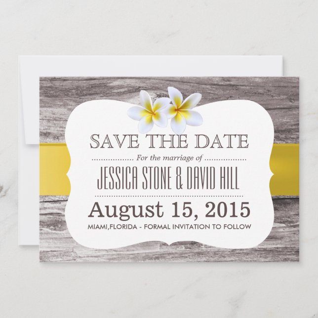 Classy Frangipani Flowers Wood Save the Date (Front)