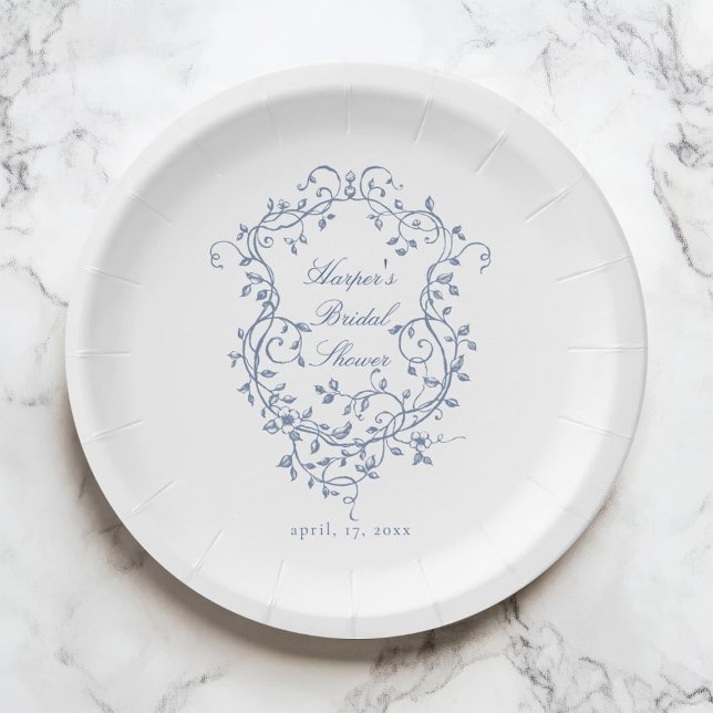 Classy French Blue Floral Crest Bridal Shower Paper Plate (Creator Uploaded)