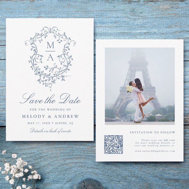 Classy French Blue Floral Crest Wedding Photo Save The Date (Front & Back)
