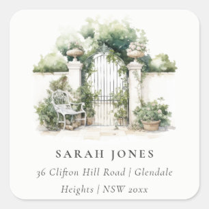 Classy French Garden Landscape Watercolor Address Square Sticker